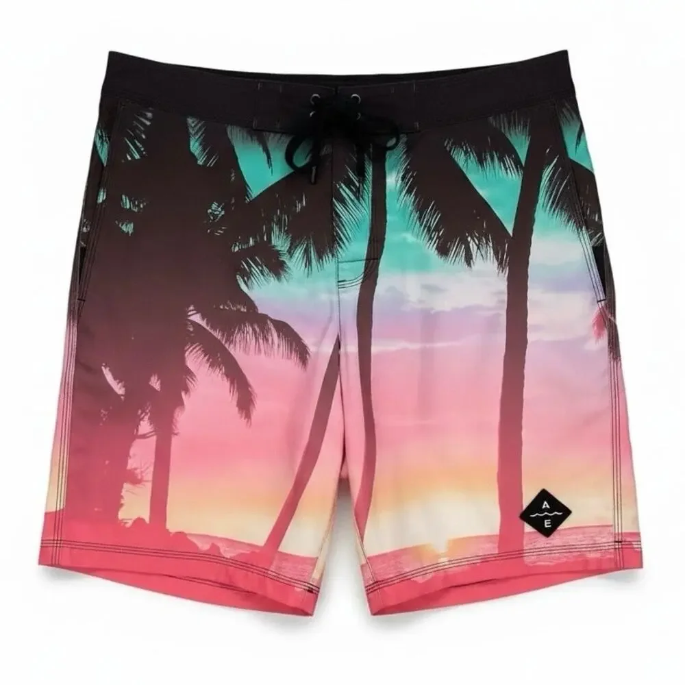 AMERICAN EAGLE Men's SWIM TRUNKS Palm Pink Blue PALM TREES Size MEDIUM